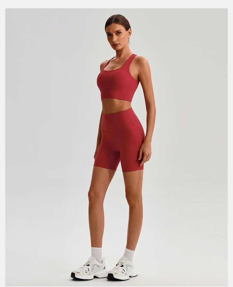 Buttery Soft Nylon Yoga Set Crisscross Back Sports Bra High Waist Biker Shorts 2 Piece Gym Set Workout Outfit Women Activewear