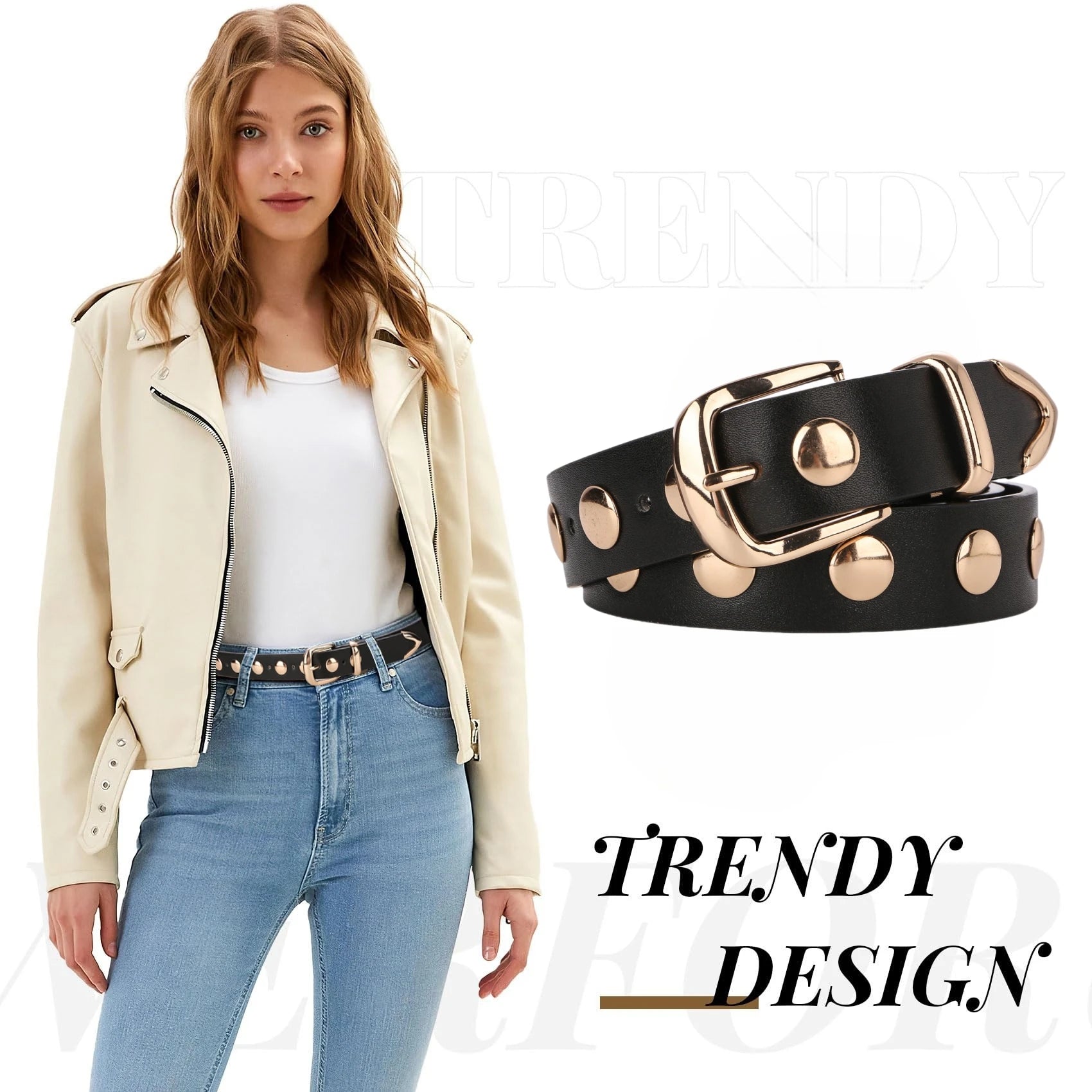 Women Fashion Leather Belt Studded Punk Black Belts for Jeans Dress Ladies Belt with Gold Buckle Adjustable Waist Belt