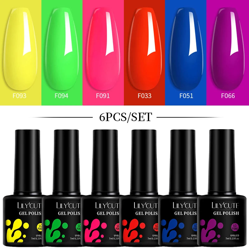 LILYCUTE 7ML 6PCS Neon Gel Nagellack Set fluoreszierend Farbwechsel Semi Permanent Soak Off Maniküre-Kit Nail Art Gel