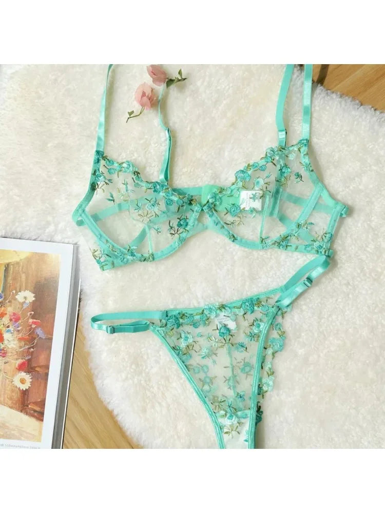YUQI Französisches Luxus-Dessous-Set – sexy BH- und Höschen-Set mit floraler Stickerei in Schwarz, durchsichtige, transparente, verführerische Damen-Unterwäsche