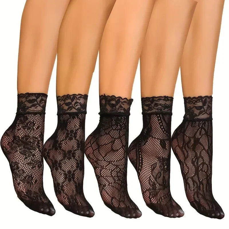 5 Paar Blumen-Spitzensocken Dünne Atmungsaktive Kurze Socken Sommer Netz Lolita Fischernetz Damenstrümpfe Strumpfwaren Zweitbild