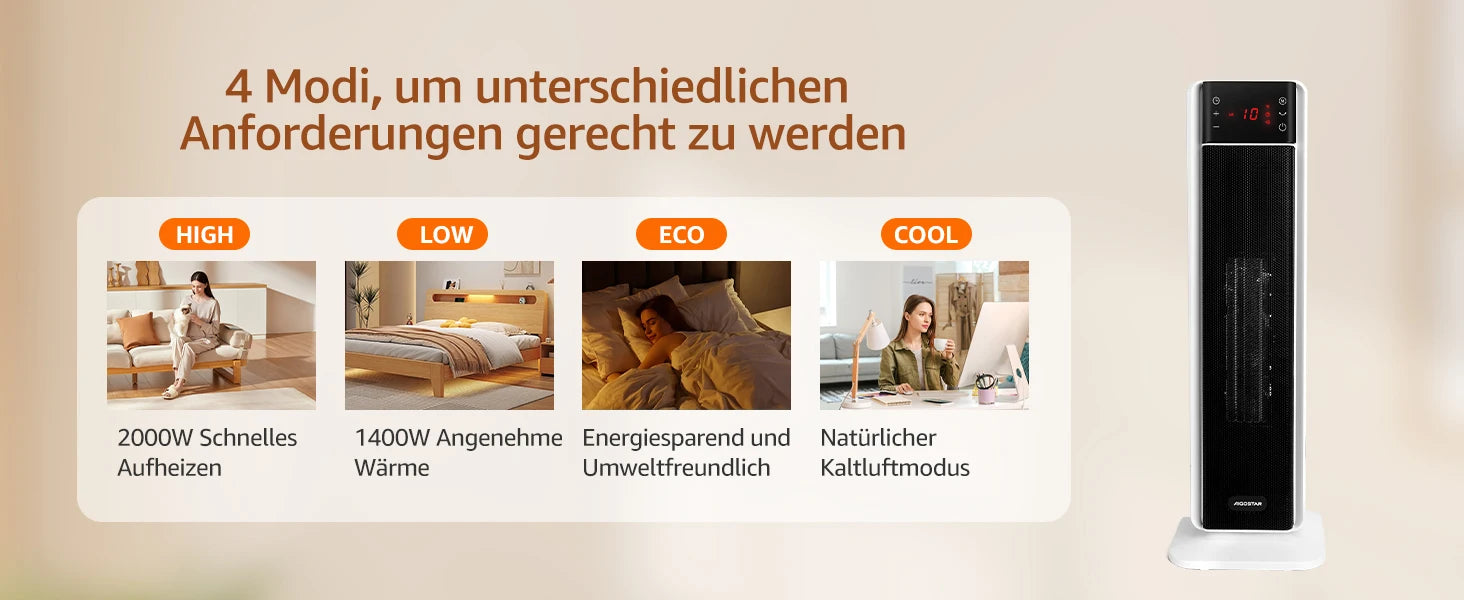 Aigostar Energiespar-Heizlüfter mit Thermostat, 2000W PTC Keramik-Heizlüfter mit Fernbedienung, 70° Oszillation, 4 Modi