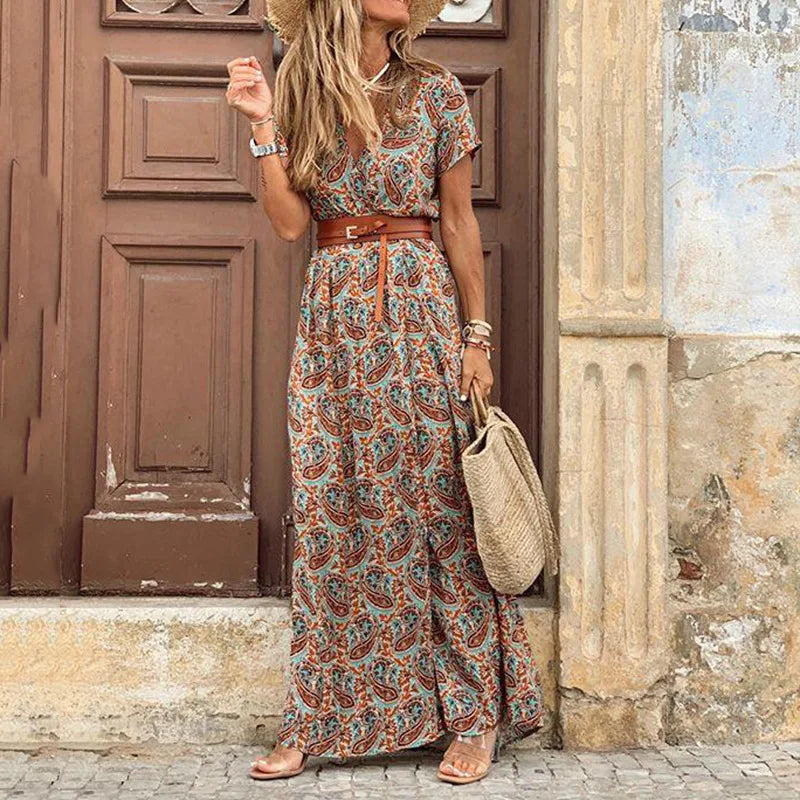 Sommer Bohemian Damen Maxikleid 2024 V-Ausschnitt Kurzarm Geblümt Strand Elegant Vintage Kleid mit Gürtel Zweitbild