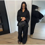 Damen Anzug mit Revers, langen Ärmeln, chic, einreihig, weites Bein, lange Hose, Sets 2026, lässiges, lockeres Outfit für den Alltag