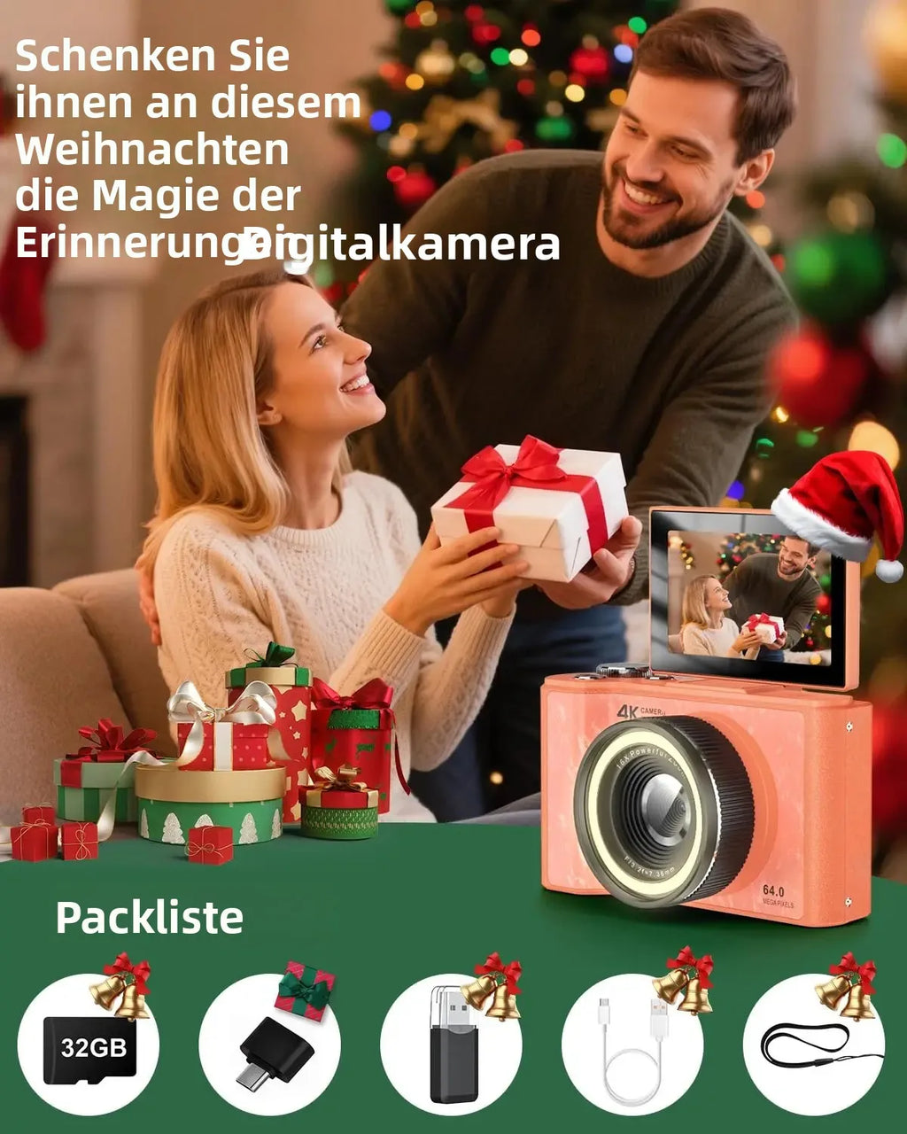 4K-Vlogging-Kamera, 180° drehbarer Bildschirm, Ringlicht & Beauty-Modus, Digitalkamera für Anfänger, 32-GB-SD-Karte enthalten, Weihnachtsgeschenk
