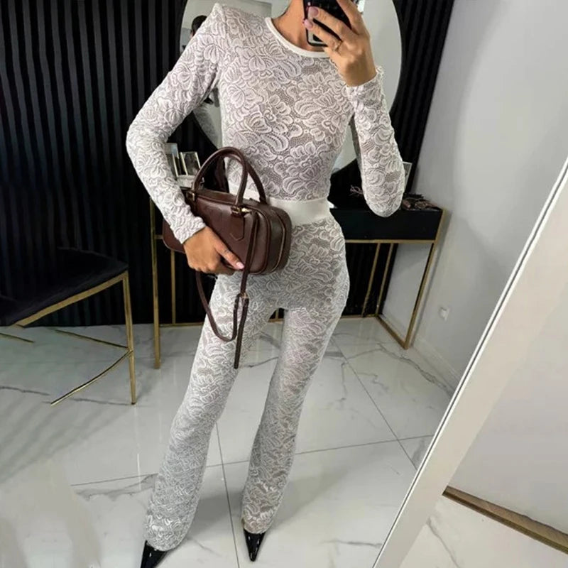 Elegante Damen-Büro-Hose, gerader Schnitt, sexy Overall mit O-Ausschnitt, Spitze, figurbetont, Club-Jumpsuit, Herbst, lässig, langärmelig, hohe Taille, Romper