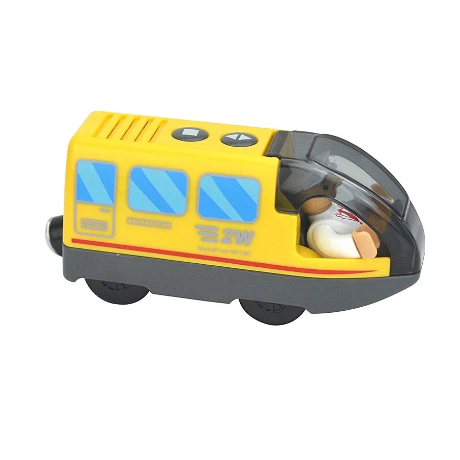 Magnetischer elektrischer Zug Lokomotive Holzeisenbahn Schlitz Diecast Eisenbahn mit zwei Waggons Zug Holz Kinderspielzeug Biro Leduo Strecke
