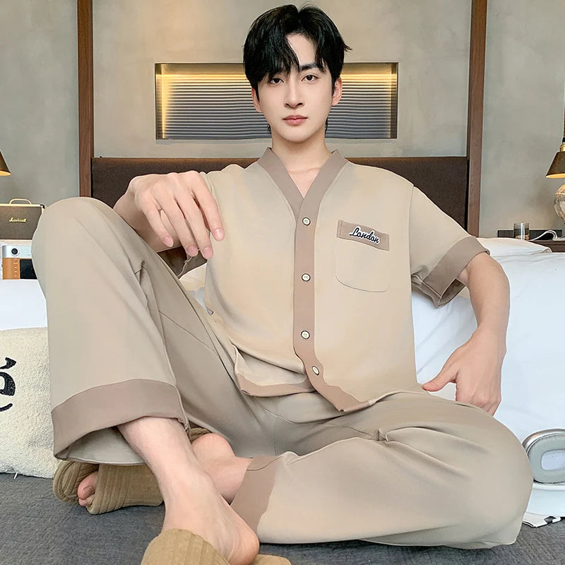 Men's Japanese Kimono Casual Fashion Solid Color Cardigan Loose Summer Short-Sleeved Pajamas with long pants Home Comfort Wear