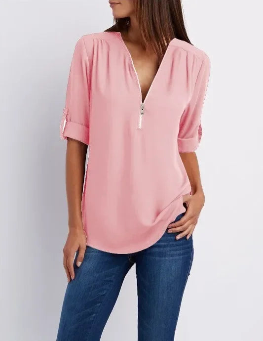 2024 Qualität Heißer Verkauf Plus Size Tiefer V-Ausschnitt Damenbluse Chiffon Coole lockere Hemd Mode Freizeit Damen Tops Sexy Reißverschluss Pullover
