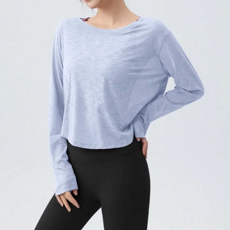 DRUR Damen Langarm Yoga T-Shirts, lockere Passform Sport Fitness Crop Tops lässig leichtes dünnes Shirt für Fitnessstudio Straße Reisen