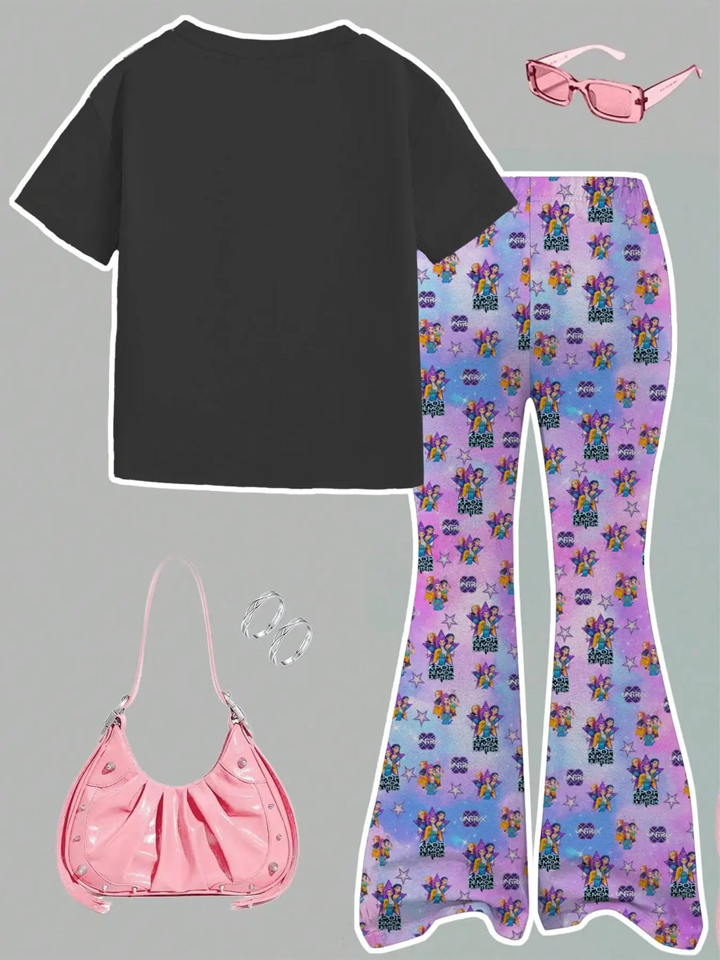 Mädchen 2-teiliges K-Pop-Konzert-Outfit 2026 – schwarzes Grafik-T-Shirt & ausgestellte Hose mit Pastell-Charakterprint für Kinder