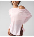 Mode Damen Atmungsaktive Lockere Schnelltrocknende Langarm Yoga Shirts Schlankmachende Seitenschlitze Freizeit Laufen Fitness Radfahren Oberteile