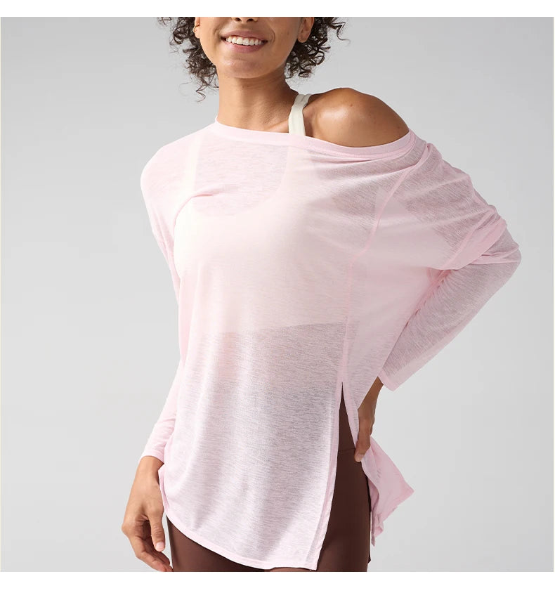 Mode Damen Atmungsaktive Lockere Schnelltrocknende Langarm Yoga Shirts Schlankmachende Seitenschlitze Freizeit Laufen Fitness Radfahren Oberteile