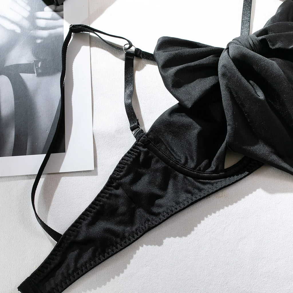 Sexy Dessous-Set mit Schleifenverzierung, durchbrochen, für Damen, einfarbig, exotische Bekleidung, weiblicher Stil, reine Begierde, Unterwäsche mit Strapsen und Handschuhen