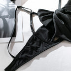 Sexy Dessous-Set mit Schleifenverzierung, durchbrochen, für Damen, einfarbig, exotische Bekleidung, weiblicher Stil, reine Begierde, Unterwäsche mit Strapsen und Handschuhen