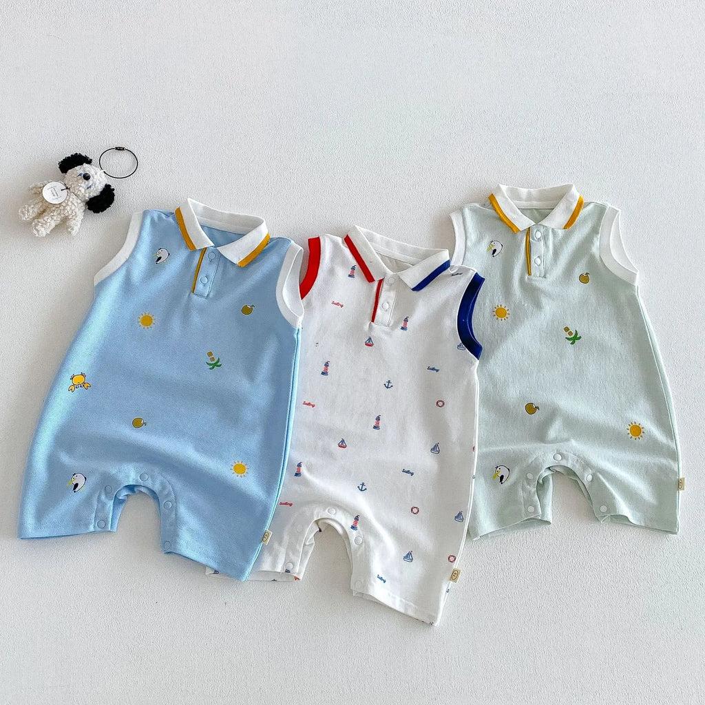 2026 Neue Sommer-Babykleidung 0-2 Jahre Cartoon-Print Ärmelloser Polo-Strampler Atmungsaktives Mesh-Gewebe mit Knopfleiste und Druckknopfverschluss