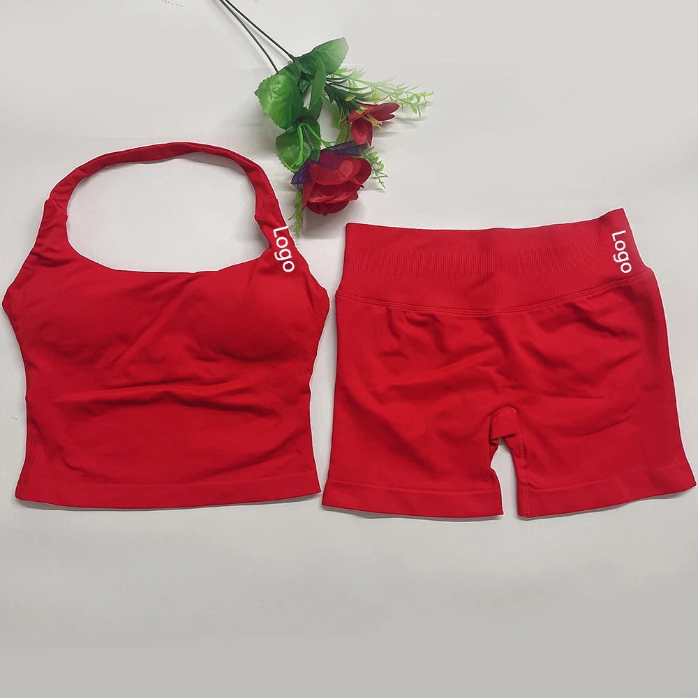 Yoga Outfits Damen 2-teiliges Sport-Set DFNNYE Impact Halfter Neck Neckholder Rückenfrei Oberteil Nahtlose Scrunch Shorts Fitness-Workout-Sportanzug