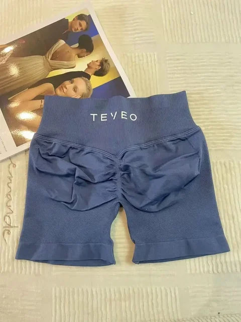 TEVEO Damen Yoga Shorts Dehnbar Atmungsaktiv Peach Butt Lift Fitness Laufshorts High Waist Stretch Schweißableitend