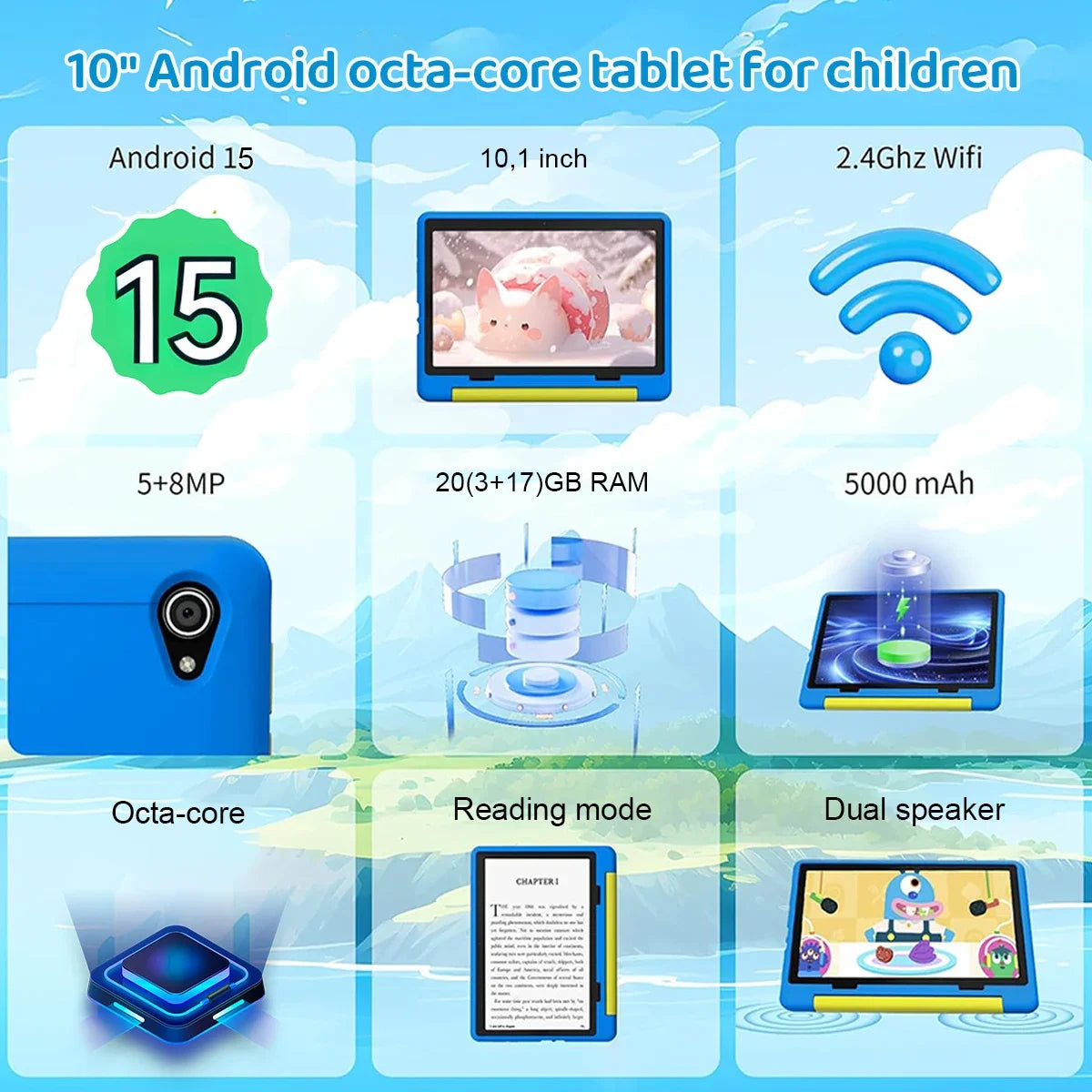 Kinder-Tablet Android 15 Tablet für Kinder 10 Zoll 20GB+64GB 8-Kern mit Hülle 1TB TF erweiterbar für Kleinkinder Kinder Kindersicherung