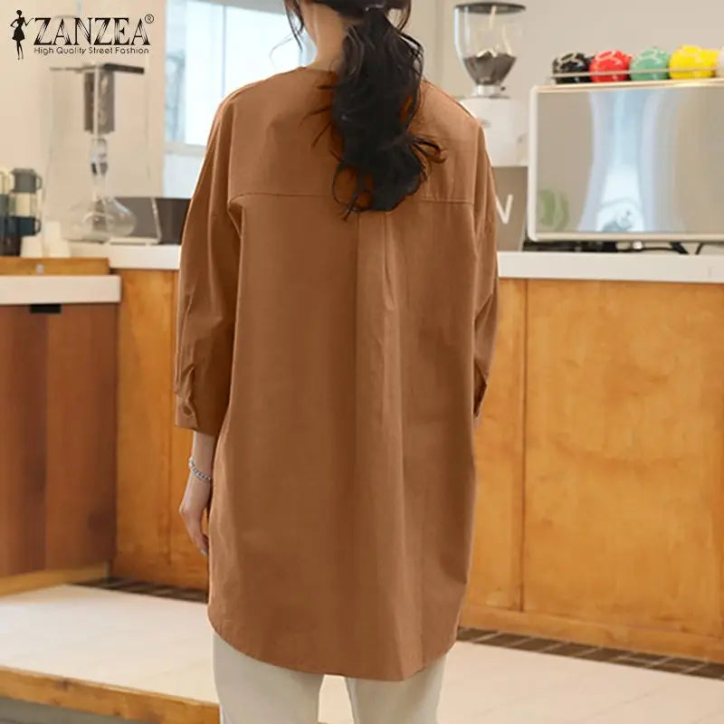 ZANZEA Mode Herbst Langarm Bluse Damen Weites Hemd Elegant Einfarbig OL Arbeitsplatten Lässig Locker Urlaub Arbeit Blusen Damen