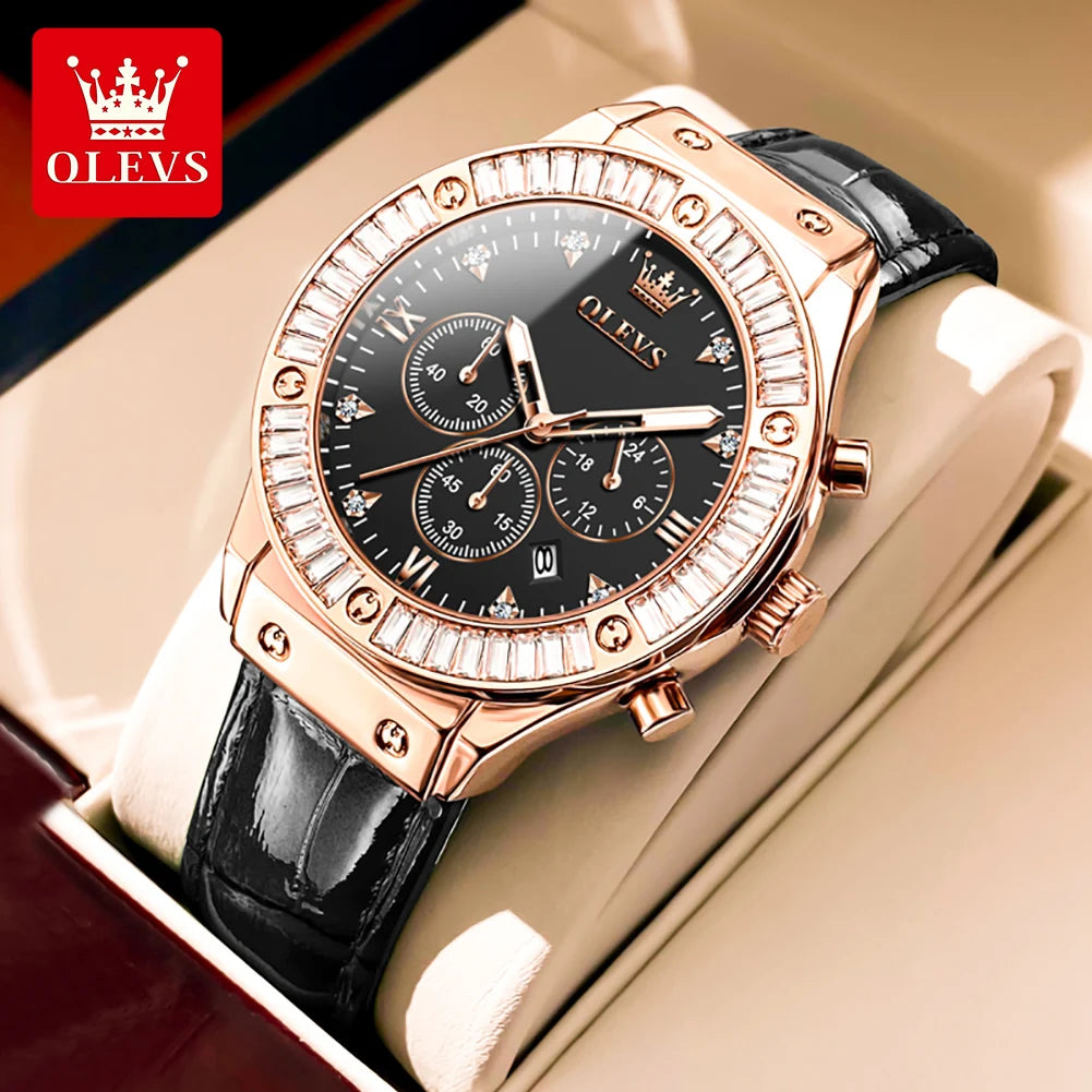OLEVS 9978 Damenuhr, multifunktionale Quarzuhr, wasserdicht, leuchtendes Lederarmband, elegante modische Uhren für Damen, Geschenke