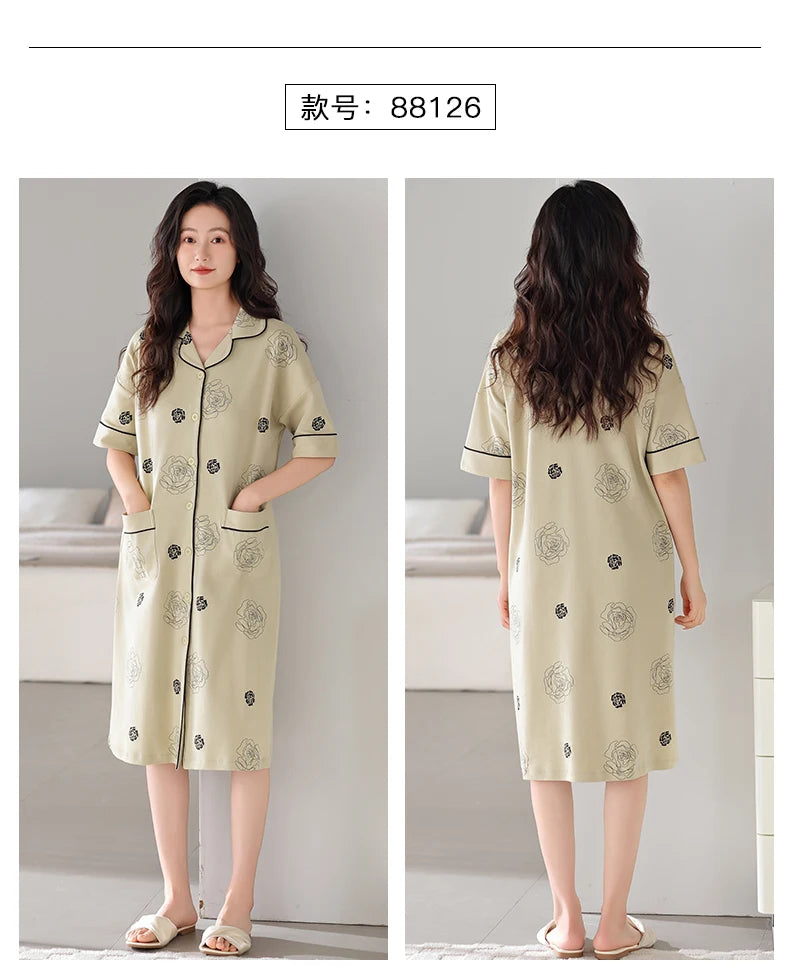 SUKAE Midi Nightdress M-5XL V-neck Bra Padded Botton Sleepshirt Plus Size Cotton Nightgowns Summer Women Short Sleeves Nightgown