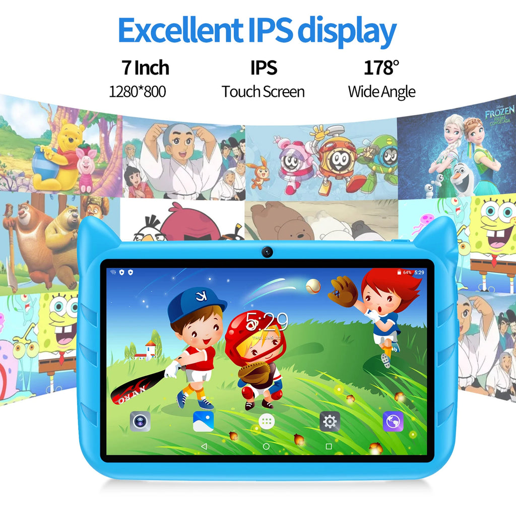 BDF Cartoon-Muster 7 Zoll Kinder-Tablet Quad Core 4GB RAM 64GB ROM Android 13 Google Lernspiele Tablets 4000mAh