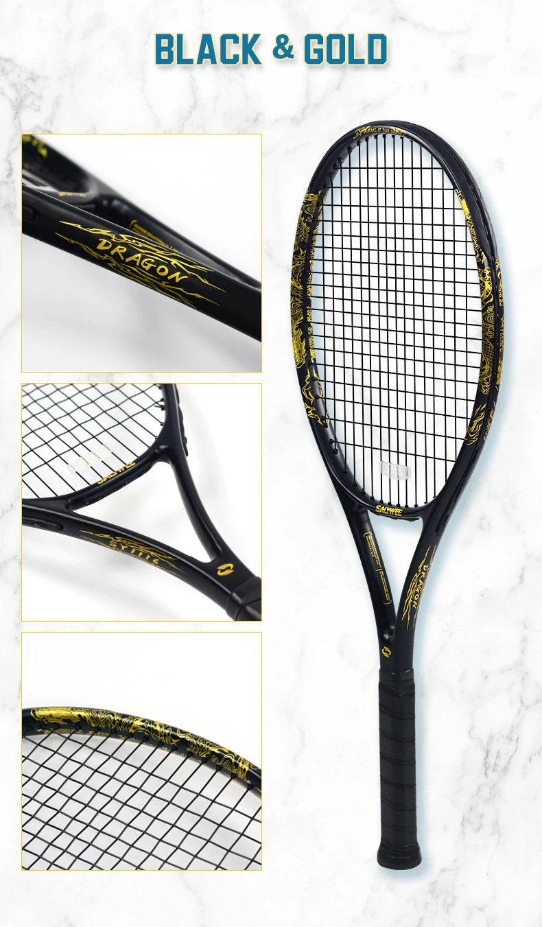 Golden-Dragon Carbonfaser Tennisschläger für Erwachsene, ideal für Fortgeschrittene, Drachen-Design im chinesischen Stil, 50–60 lbs, Gratis-Geschenke