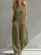 Jumpsuits Damen 2026 Playsuits Doppel-Taschen lässige Leinen-Baumwoll-Ärmellose lange Jumpsuits Damenbekleidung