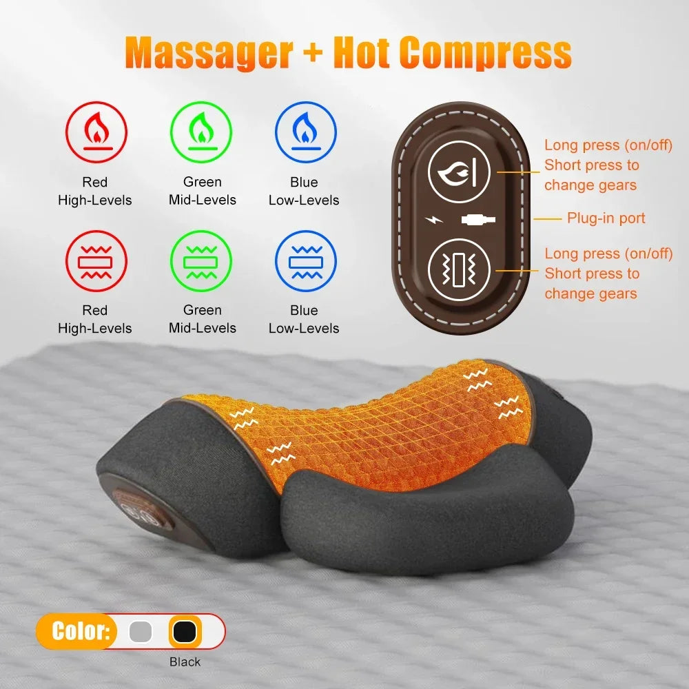 Elektrisches Nackenmassagegerät, Nackenkissen, Heiße Kompresse, Nackenstreckung, Heizung, Vibration, Nacken-Schultermassagekissen, Rückenstreckung