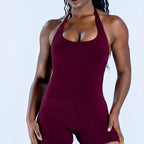 Yoga Outfits Damen 2-teiliges Sport-Set DFNNYE Impact Halfter Neck Neckholder Rückenfrei Oberteil Nahtlose Scrunch Shorts Fitness-Workout-Sportanzug