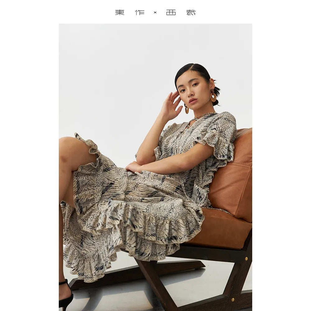 Tierfaserstoff~ Freizeitkleid für Damen, Rüschen-Seidenkleid, Designer Nischen-Seiden-Maxikleid, Neue Damenmode