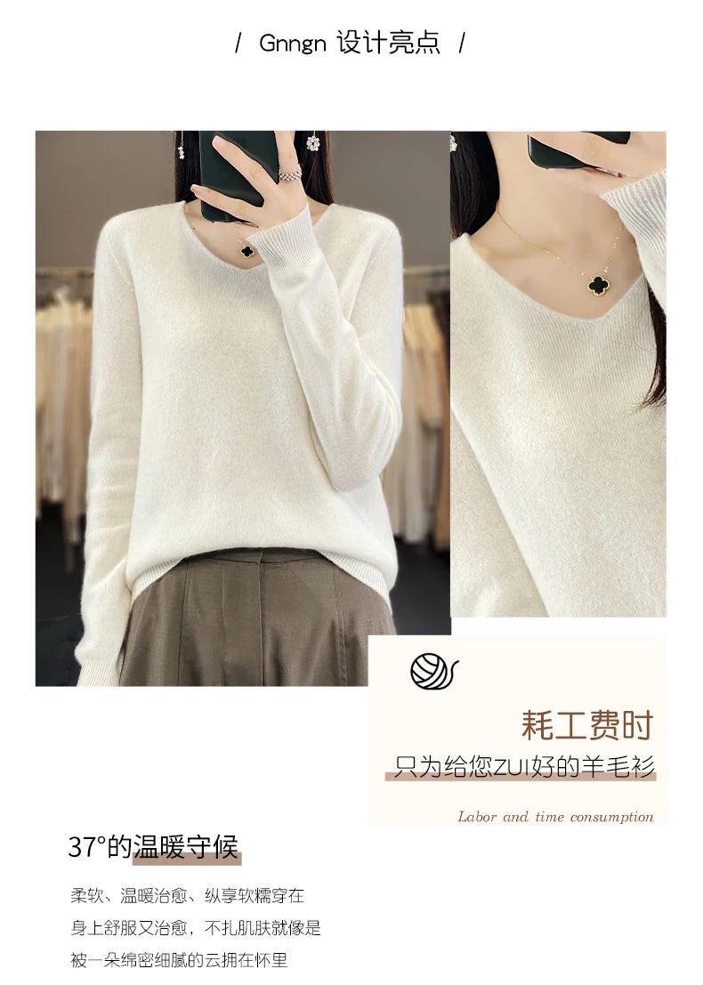 Damen 100% Merinowolle Pullover V-Ausschnitt Basic Pulli Herbst Winter Kaschmir Kleidung Langarm Weiche Strickware Oberteile Unifarben