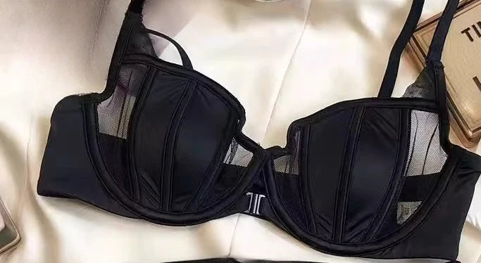 Vorderer Schnallen-Push-up-BH für Damen Dessous-Set Sexy Satin-Mesh Halb-Cup Kabelloser Lift-BH-Set mit verstellbaren Trägern Größe S-XL