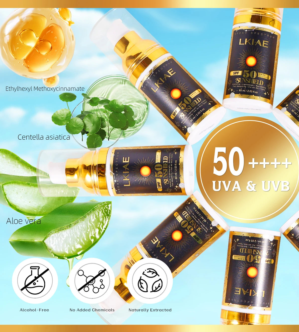 LKIAE Sonnencreme, Breitspektrum LSF 50, UVA/UVB, leicht & nicht fettend, Sonnenschutz, für Gesicht, Körper, nicht komedogen, 60ml