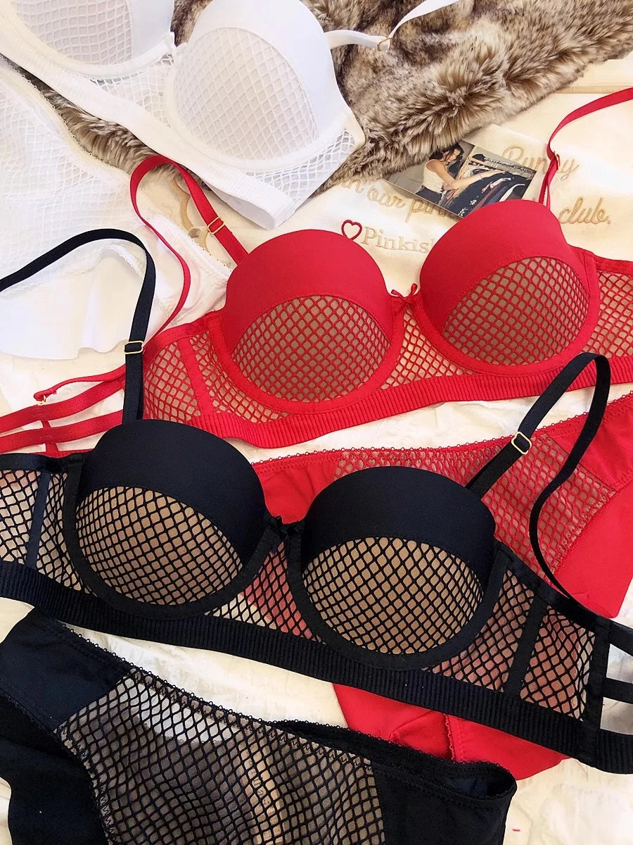 Mesh-Spitzenunterwäsche Damen Sexy kleiner Busen Push-Up-Dessous für Frauen BH-Sets Rot Weiß Hochzeitsmädchen Dicke Intimates BCD