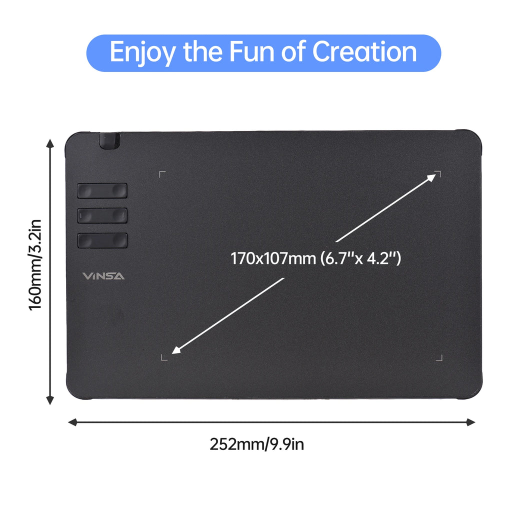 VINSA T1161 Graphics Drawing Tablet Ultra-thin Art Creation Sketch with Battery-free Stylus 8 Pen Nibs 8192 Levels Pressure
