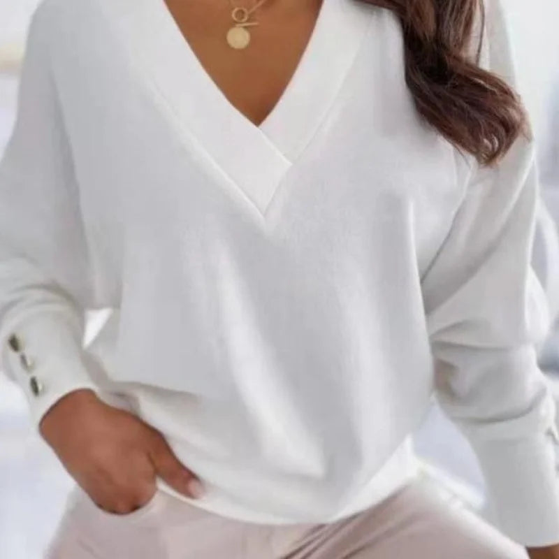Frühling Herbst Damen Reiner Weicher Langarmpullover V-Ausschnitt Mode Jumper Büro Dame Knopf Lockerer Freizeit Pullover Oberteil Pullover