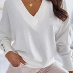 Frühling Herbst Damen Reiner Weicher Langarmpullover V-Ausschnitt Mode Jumper Büro Dame Knopf Lockerer Freizeit Pullover Oberteil Pullover