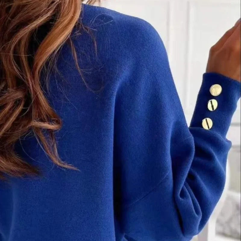 Spring Autumn Women Pure Soft Long Sleeve Sweater V-neck Fashion Jumper Office Lady Button Loose Casual Pullover Top Sweaters Secondary image