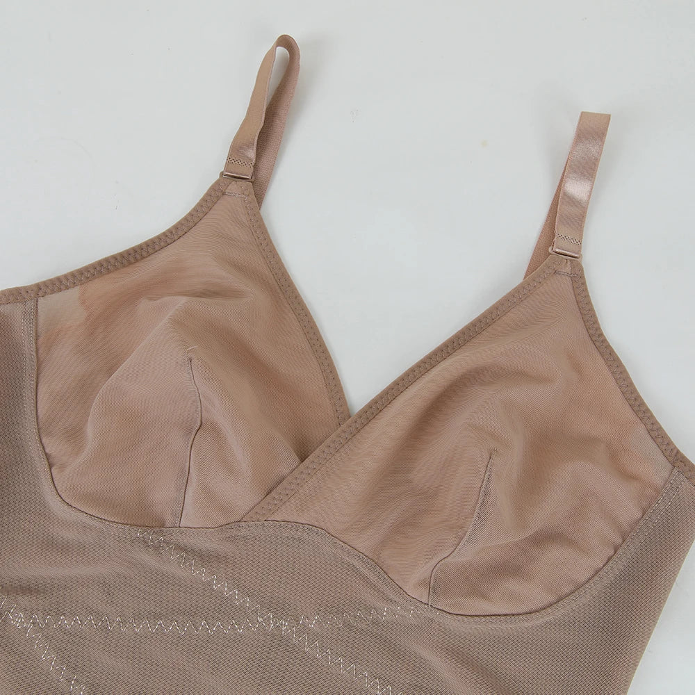 Cross Waist Tummy Control Body Shaping Bodysuit für Damen Ganzkörperkontrolle V-Ausschnitt Mesh Atmungsaktiver Slip Unterwäsche Po-Former