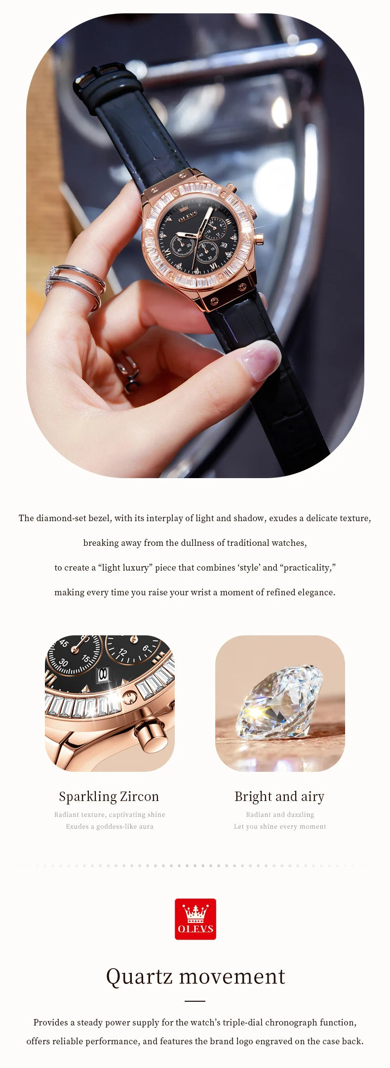 OLEVS 9978 Damenuhr, multifunktionale Quarzuhr, wasserdicht, leuchtendes Lederarmband, elegante modische Uhren für Damen, Geschenke