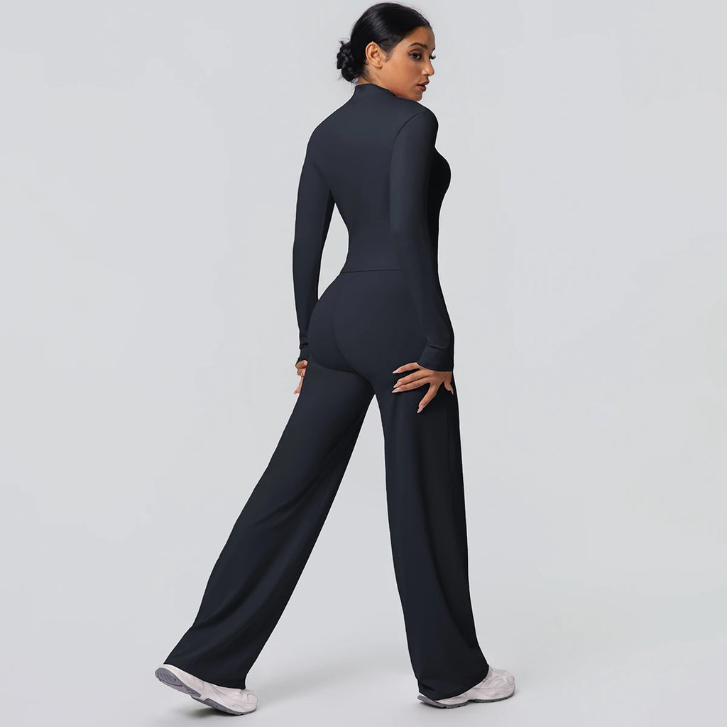 2-teiliges schnelltrocknendes Sport-Fitness-Bekleidung Yoga-Set Damen Yoga Reißverschluss Langarm High Waisted atmungsaktive weite Hose Set