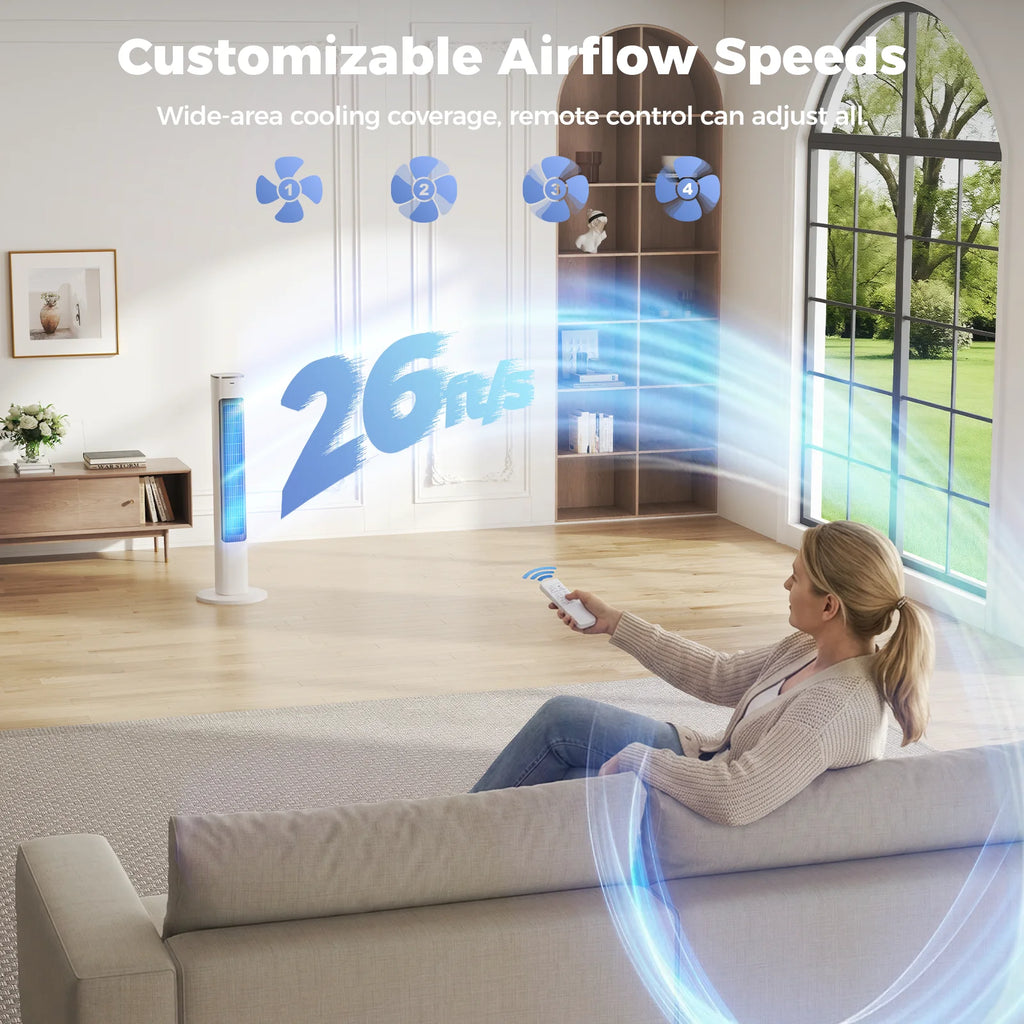 Patbrela 40-Zoll elektrischer Turmventilator, 4 Geschwindigkeiten, 51° Oszillation, Fernbedienung, 12H Timer, 45W mit Touch-Steuerung