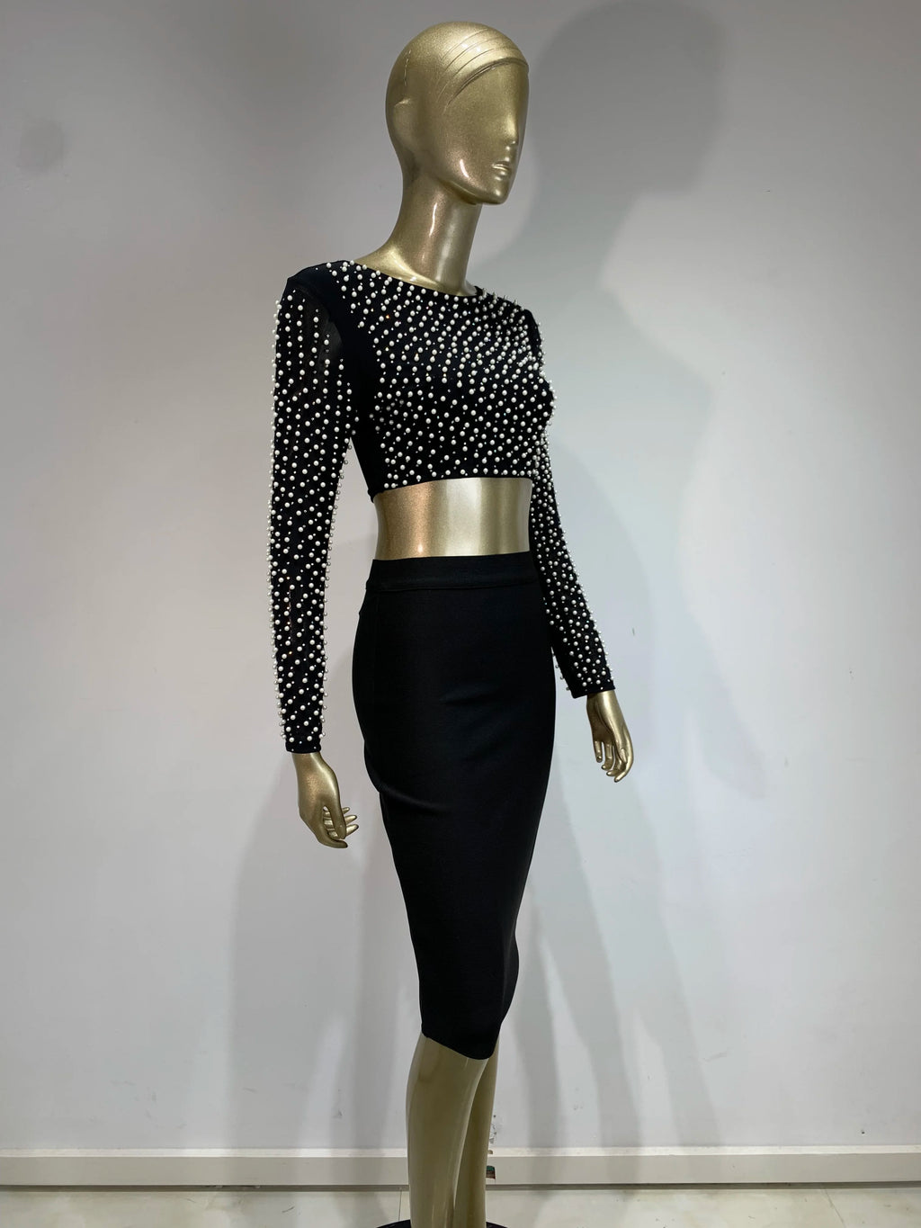 Sexy O-Ausschnitt Langarm Mesh Perlen Beige Schwarz Celebrity Midi Damen Bandagen-Set 2024 Designer Abendparty Damen-Set