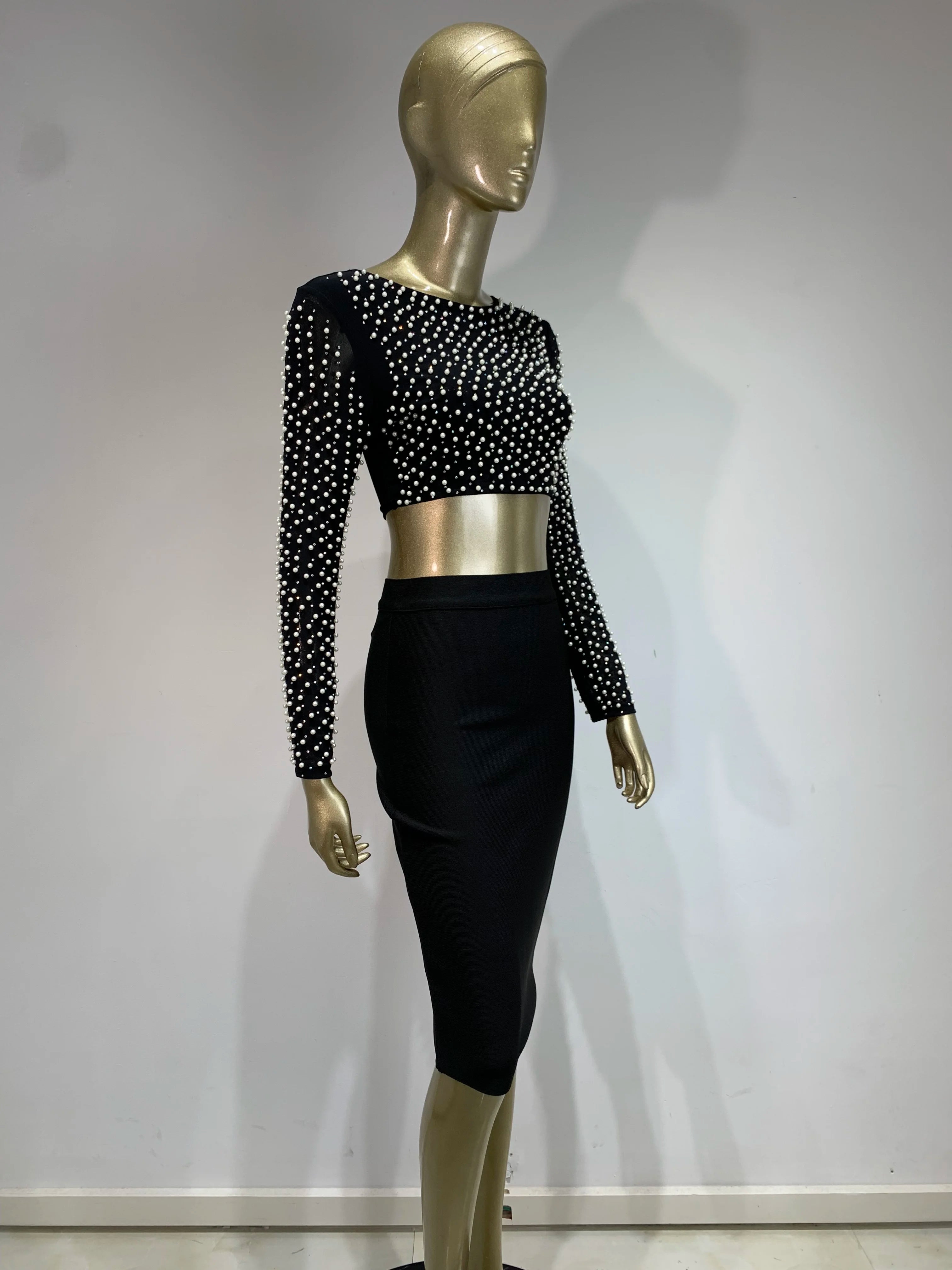Sexy O-Ausschnitt Langarm Mesh Perlen Beige Schwarz Celebrity Midi Damen Bandagen-Set 2024 Designer Abendparty Damen-Set