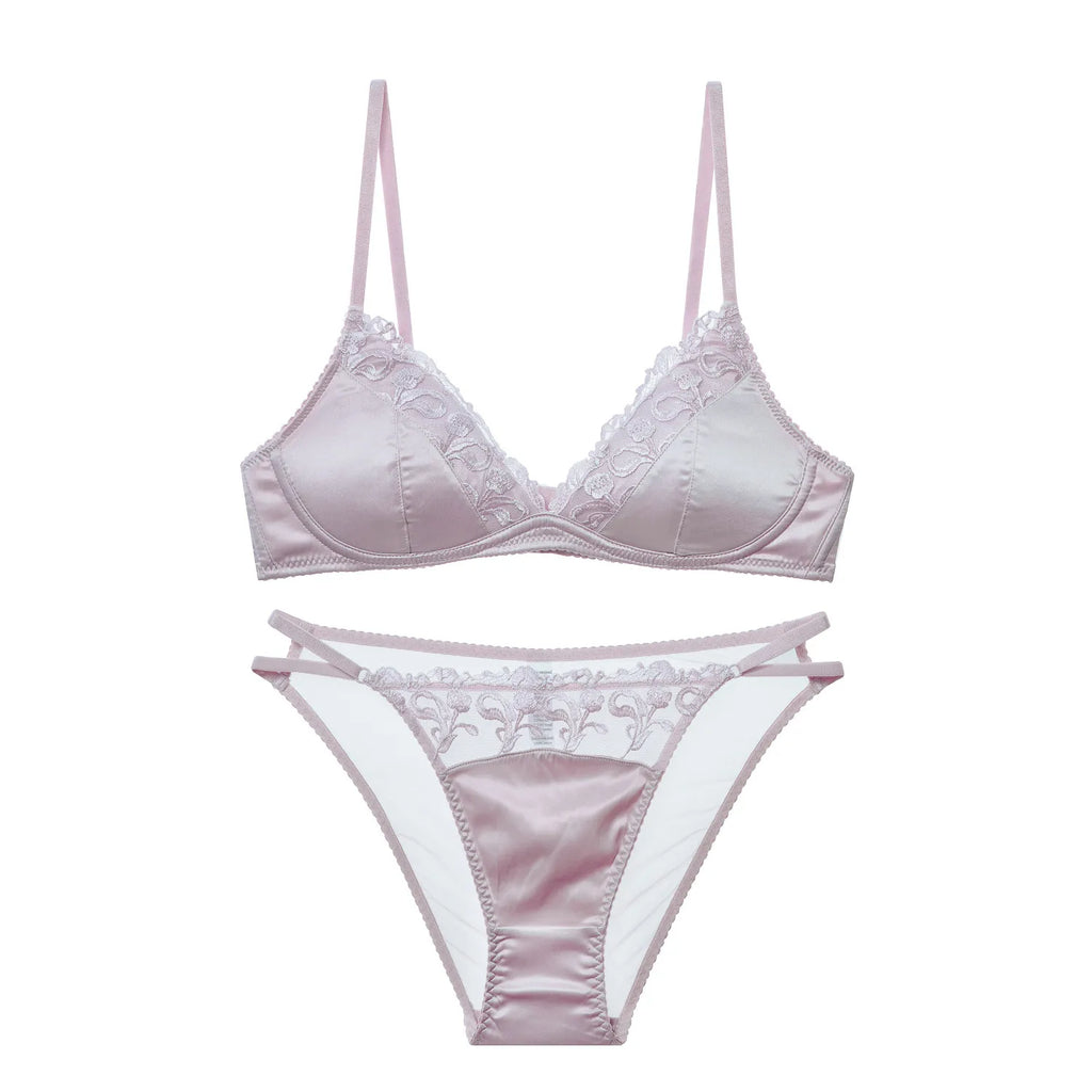Französisches Dessous-Set für Damen, dünner, bügelloser Triangel-BH, Spitze & Stickerei-Design