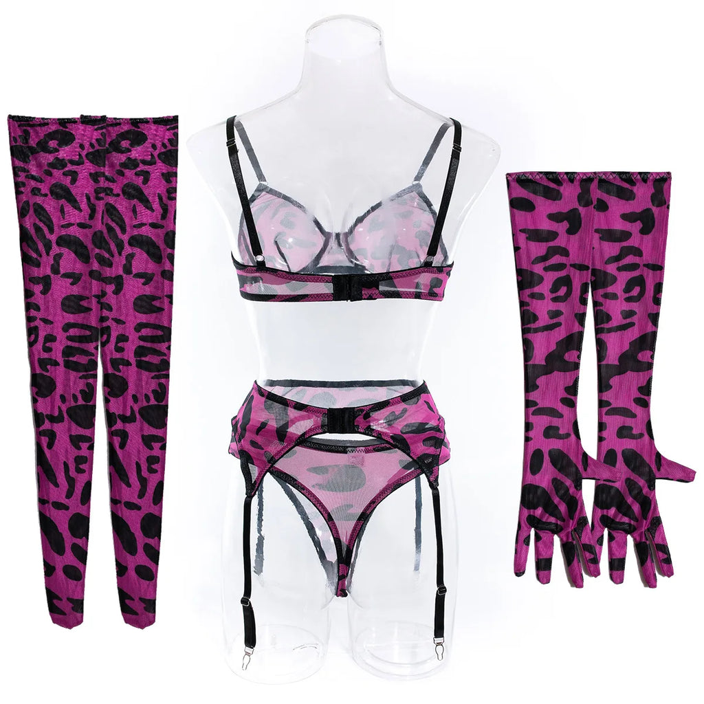 Sexy rosa Leoparden-BH-Handschuhe Beinsocken Dessous-Set Damen Perspektive Bequemes Mesh Exotische Kleidung Unterwäsche Anzug