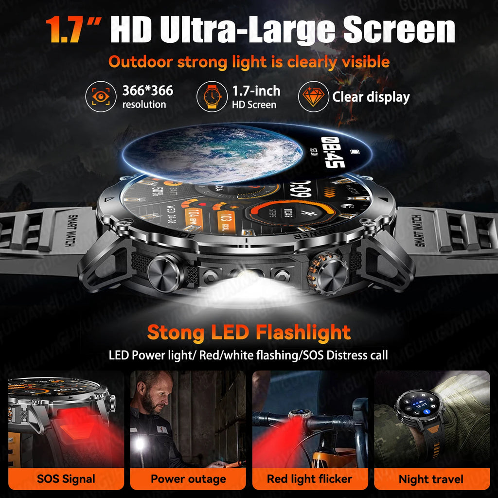 2026 Neue TANK Ultra 1400mAh Akku Militär Smartwatch 10ATM Wasserdicht Herzfrequenz Taktische LED Taschenlampe Herren Sportarmband