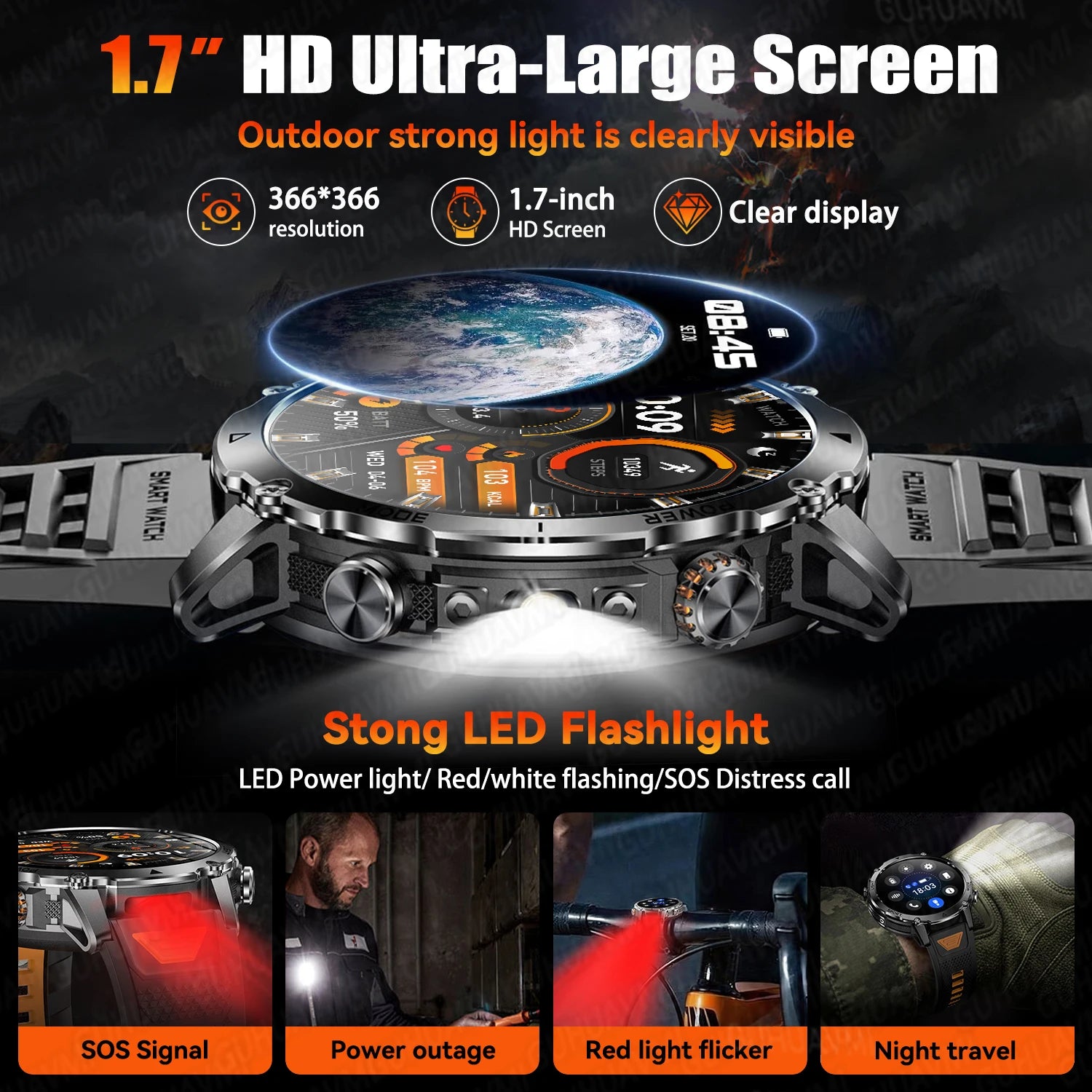 2026 Neue TANK Ultra 1400mAh Akku Militär Smartwatch 10ATM Wasserdicht Herzfrequenz Taktische LED Taschenlampe Herren Sportarmband